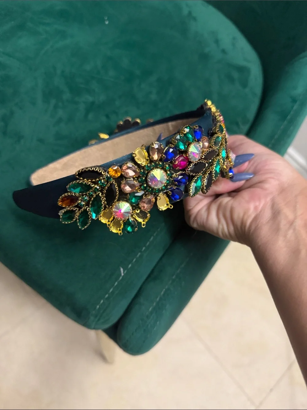 Embellished Teal Crystal Satin Headband - Women's Fashion Accessory